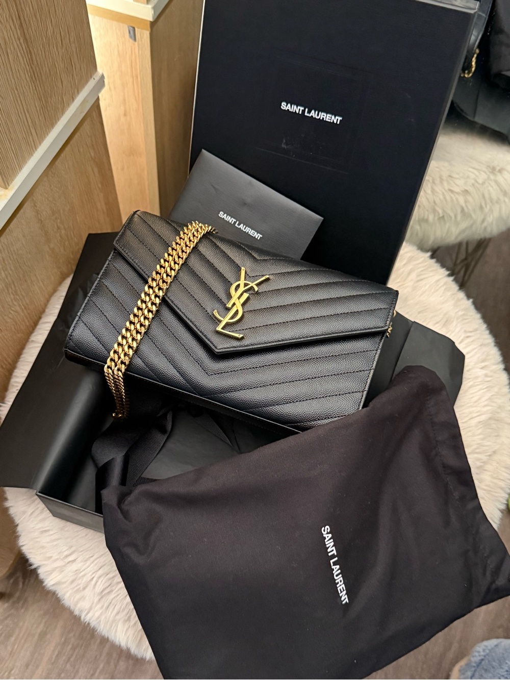 Saint Laurent Black Chevron Quilted Wallet with Gold YSL Chain